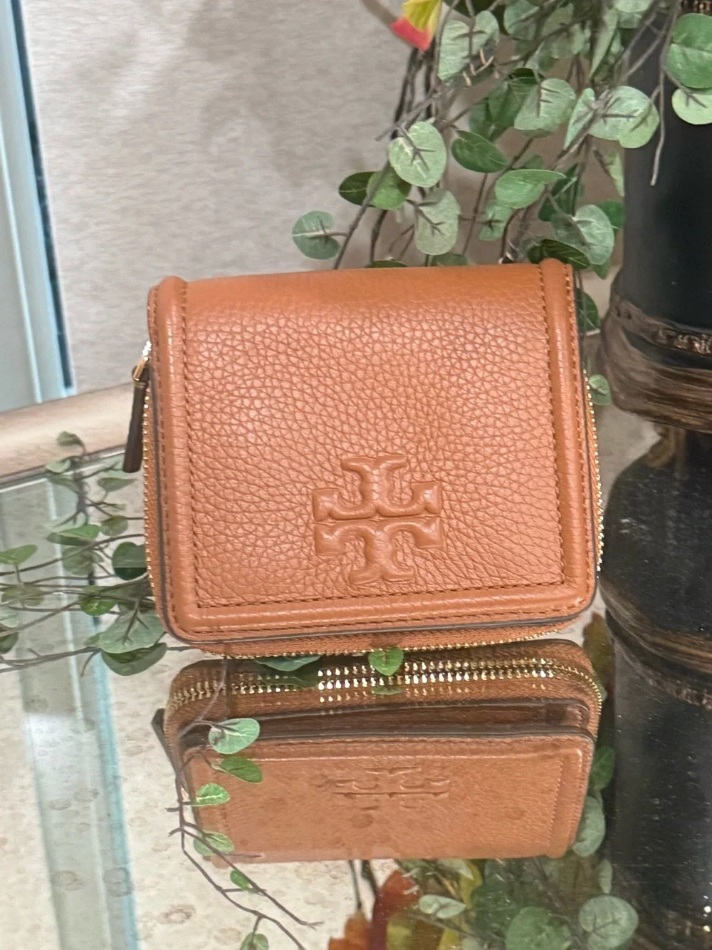 Tory Burch Pebbled Leather Mini Wallet - Cognac Brown